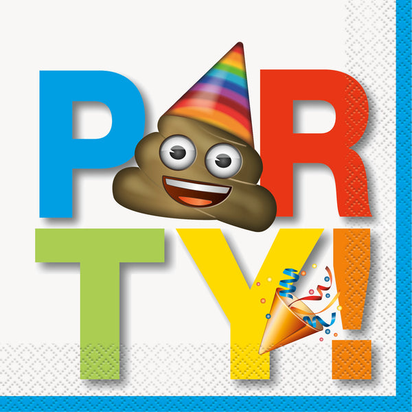 emoji luncheon napkins with the word party and a poop emoji