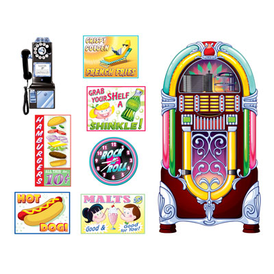 soda shop props 8 per package jukebox clock rotary phone hot dogs milkshake fries