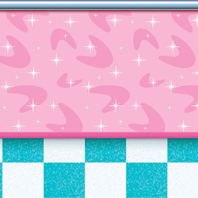 soda shop backdrop, turquoise and white squares on bottom pink on the top