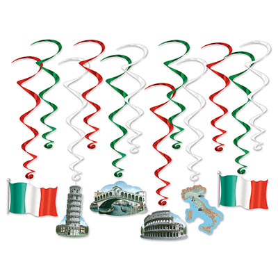 italian whirls 6 with icons and 6 plain flag, colloseum, leaning tower of pisa, flag