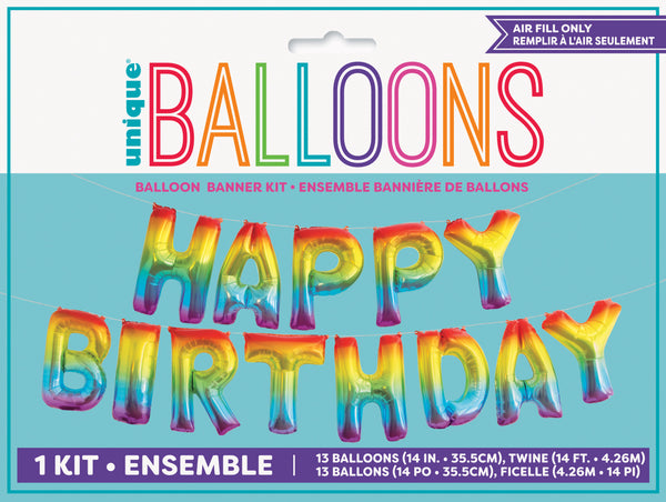 rainbow coloured Happy Birthday balloon banner kit