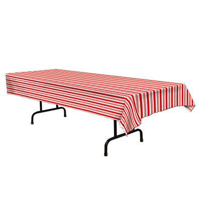 Red and white striped table cover measures 54 inches by 108 inches