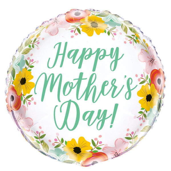 happy mothers day white foil balloon with pink, red and yellow flowers