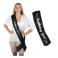 birthday girl black sash with silver glittered letters, 1 per pacakge