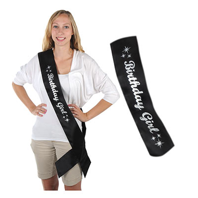 birthday girl black sash with silver glittered letters, 1 per pacakge