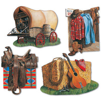 cowboy cutouts covered wagon, hay, western attire and saddle 4 per package