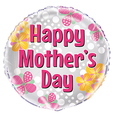 happy mothers day silver  foil balloon with white polka dots &  pink and yellow flowers