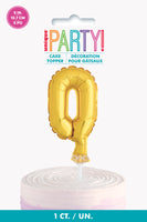 gold foil balloon cake topper #0, in package
