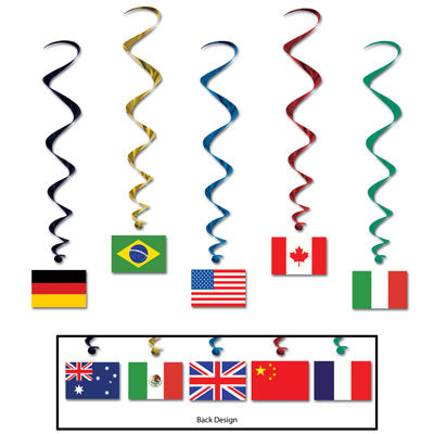 international flag whirls, double sided 5 per package