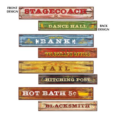 western signs 4 per package 2 sided different designs stagecoach dance hall bank telegraph office jail hitching post hot bath blacksmith