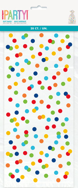 cellophane bags, clear with multicoloured dots, in package