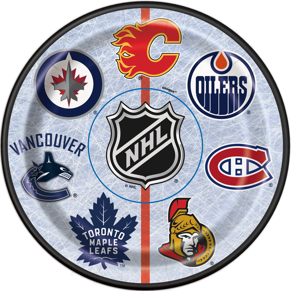 NHL 7 inch paper plates featuring logos from 7 Canadian teams