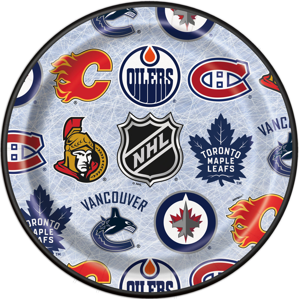NHL 9 inch paper plates featuring logos of 7 Canadian teams 8 count