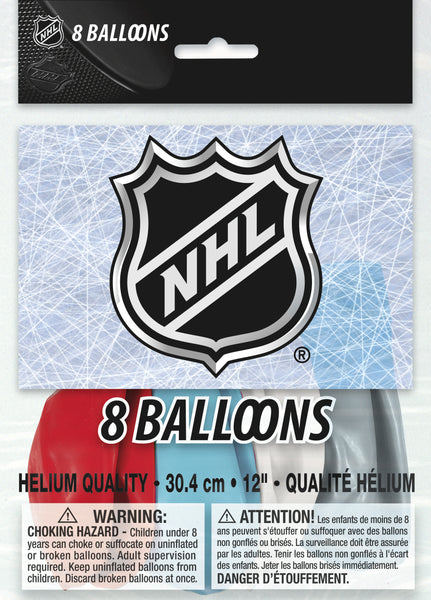 NHL logo latex balloons red blue white silver 8 count package