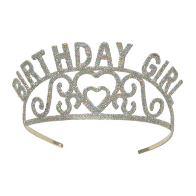 silver glittered birthday girl tiara, 2 attachable combs included, 1 per package