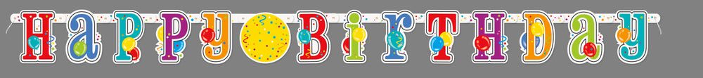 multi-coloured jointed happy birthday banner with stickers, measures 7 feet, 1 per package