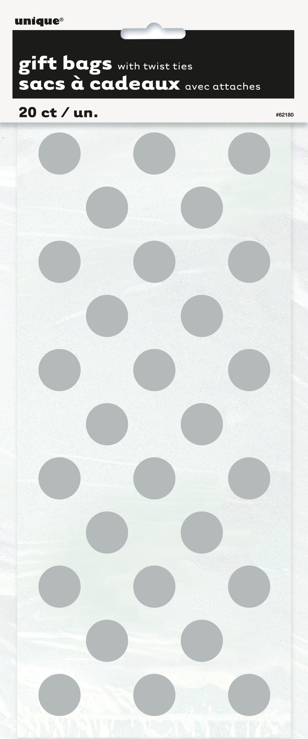 cellophane bags, clear with silver dots, in package