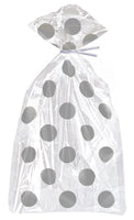 cellophane bags, clear with silver dots
