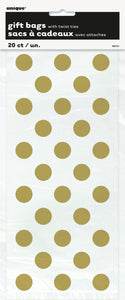 cellophane bags, clear with gold dots, in package