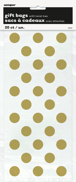 cellophane bags, clear with gold dots, in package