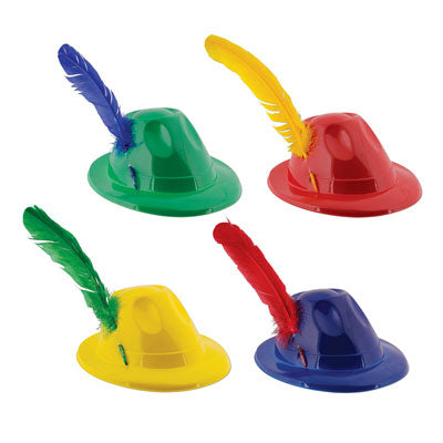 plastic alpine hat with feather, one size fits most adults