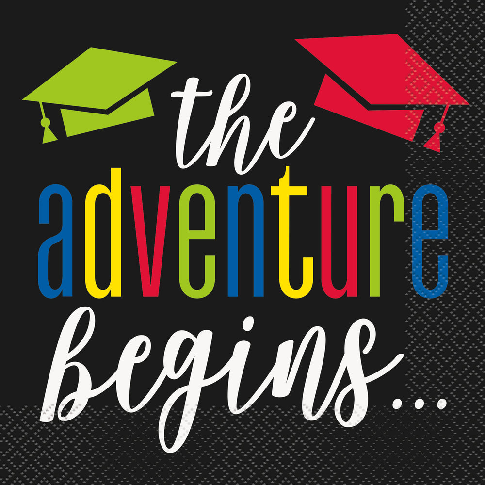 the adventure begins text with colourful caps on black background luncheon napkins