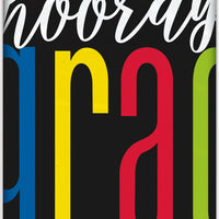 black table cloth with multi-coloured hooray grad text