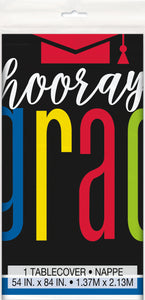 black table cloth with multi-coloured hooray grad text
