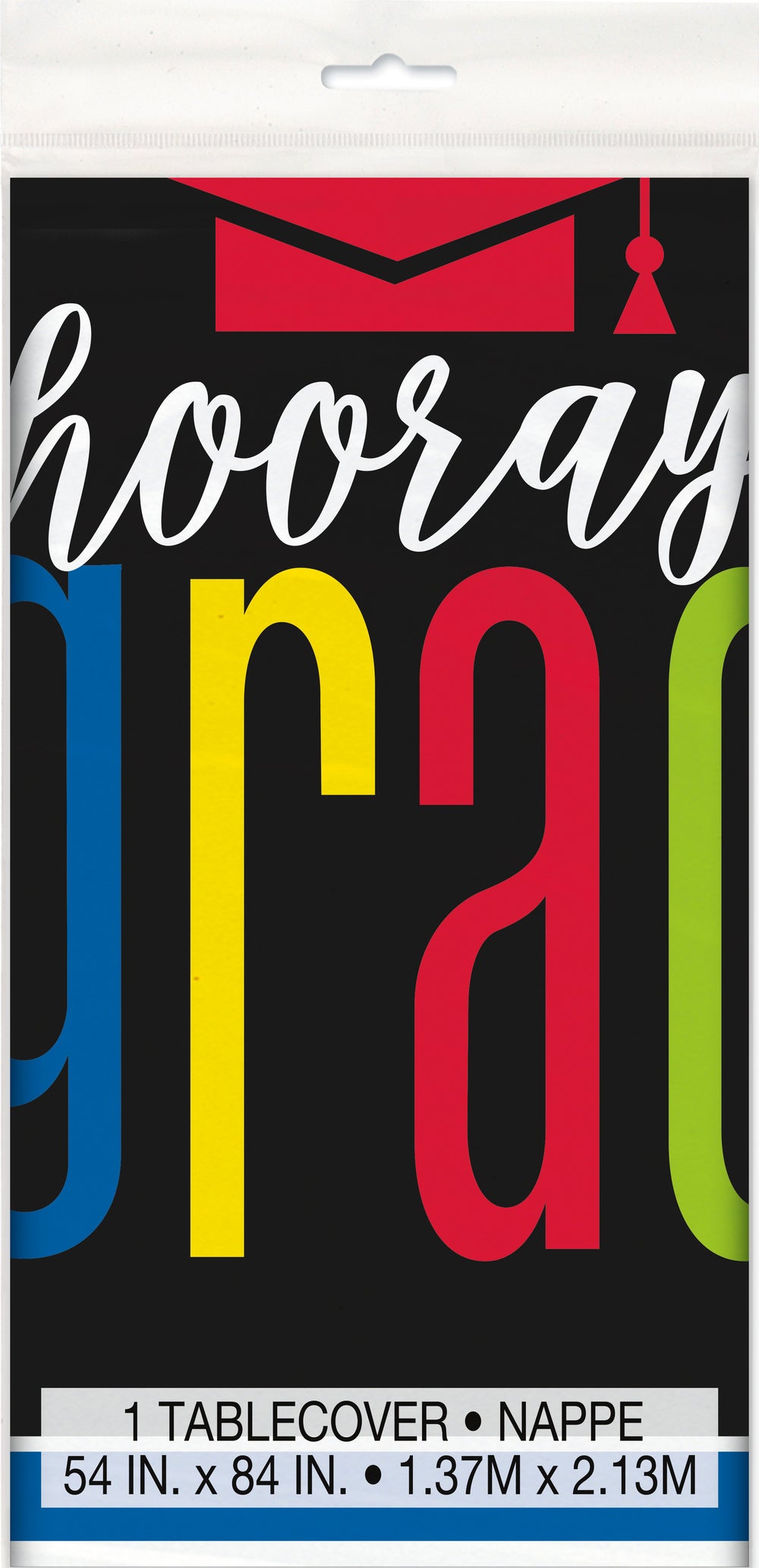 black table cloth with multi-coloured hooray grad text
