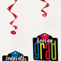 Double-sided swirl decorations- one side says Congrats Grad, other says Hooray Grad.