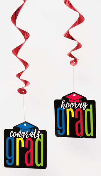 Double-sided swirl decorations- one side says Congrats Grad, other says Hooray Grad.