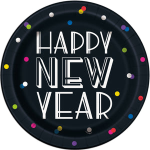 Happy New Year Party paper plates with neon dots