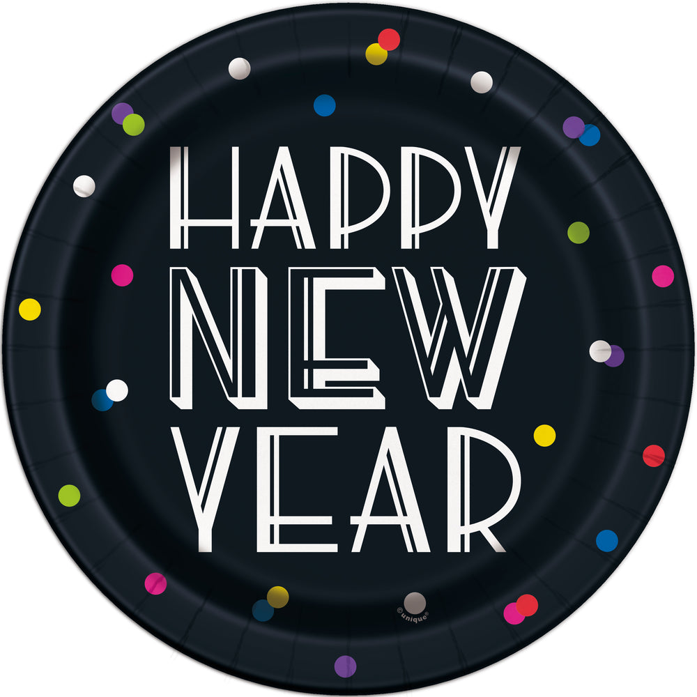 Happy New Year Party paper plates with neon dots