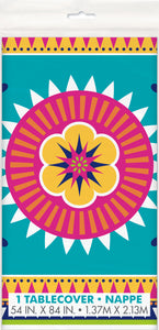 multi-coloured fiesta themed plastic table cover 54 inches by 84 inches
