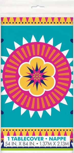 multi-coloured fiesta themed plastic table cover 54 inches by 84 inches