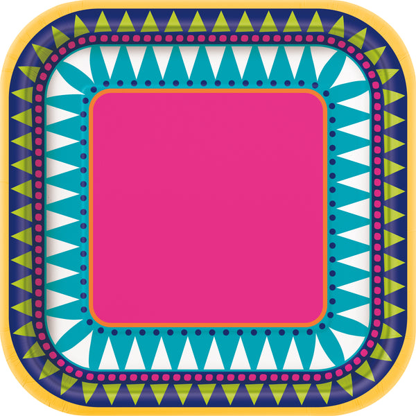 7 inch multi-coloured fiesta themed square dessert plates 10 count