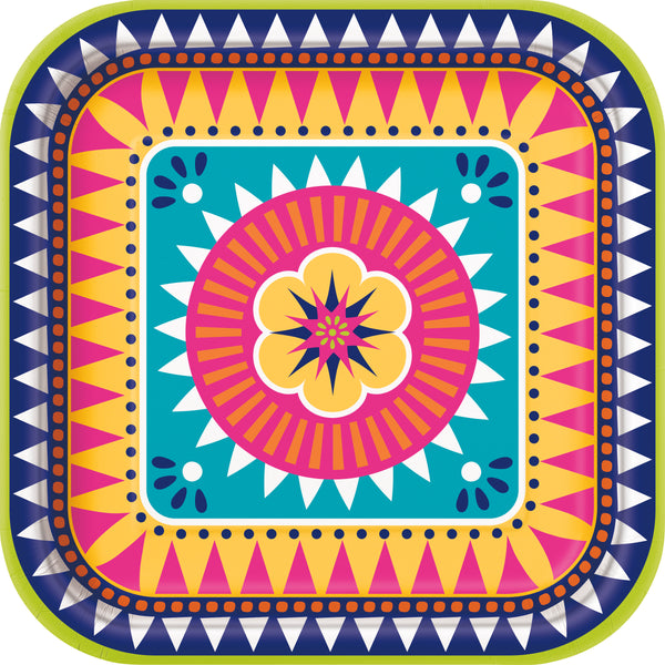 9 inch multi-coloured fiesta themed square dinner plates 8 count