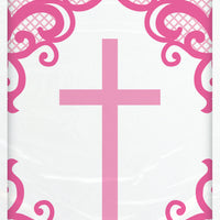 pink and white plastic tablecloth with cross