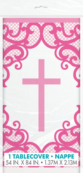 pink and white plastic tablecloth with cross