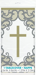 plastic table cover with gold cross and filigree