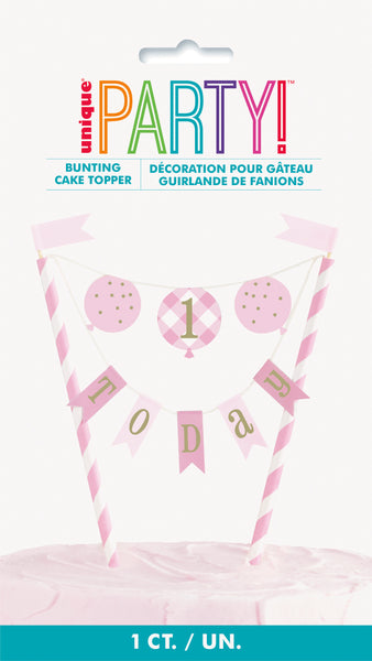 pink gingham 1st birthday bunting cake topper