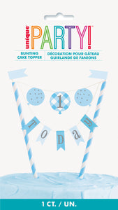 blue gingham first birthday cake topper