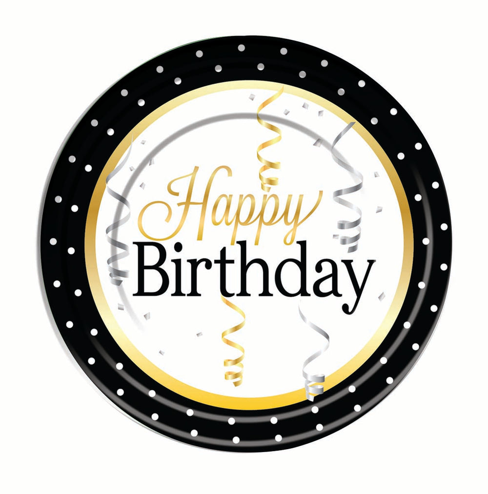 happy birthday dinner plates, black edge with dots gold and silver with streamers & confetti 
