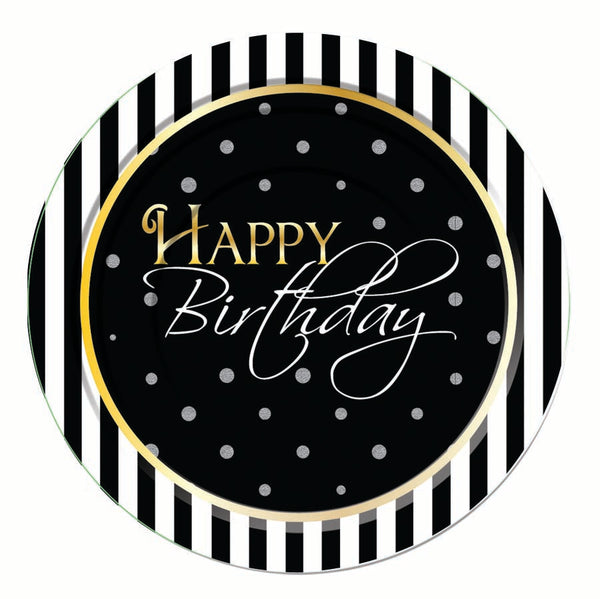happy birthday dessert plates, black and white striped edge with black background and silver dots
