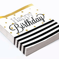 happy birthday beverage napkins, black stripes with white background and gold dots