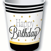 happy birthday 9oz cups, black edge with white background and gold dots