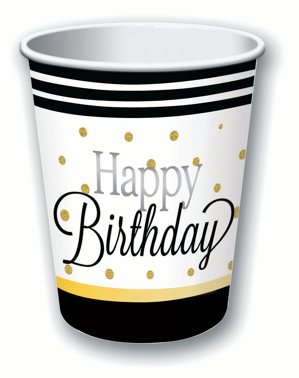 happy birthday 9oz cups, black edge with white background and gold dots