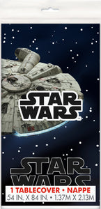 star wars plastic table cover measuring 54 inches by 84 inches featuring various star wars spacecrafts