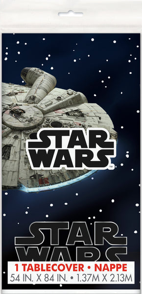 star wars plastic table cover measuring 54 inches by 84 inches featuring various star wars spacecrafts