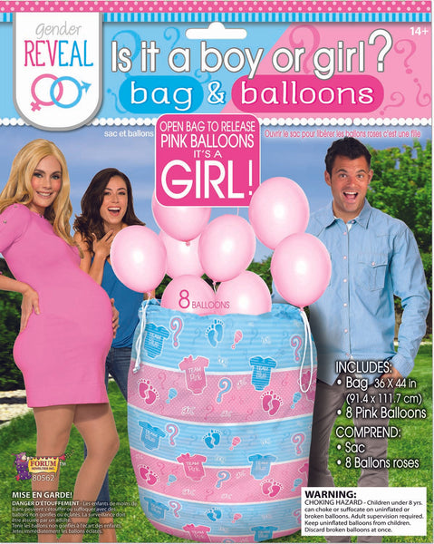 gender reveal balloon bag, 8 empty pink balloons included